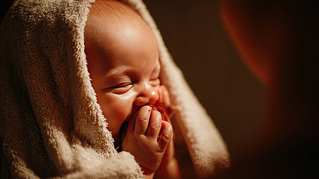 A delightful close-up portrait of a joyful baby wrapped in a soft towel, capturing pure innocence and warmth in a serene atmosphere.の素材