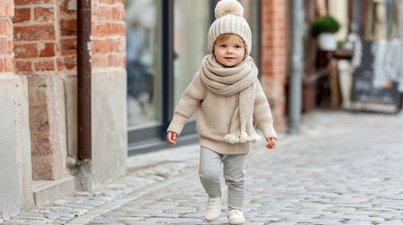 A cheerful child walks confidently on a charming cobblestone street, dressed in a cozy winter outfit complete with a scarf and beanie, radiating warmth and joy.の素材