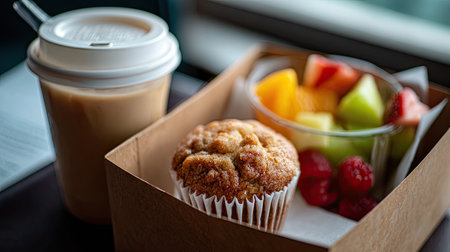 A tempting breakfast setup featuring a fresh fruit salad, a delicious muffin, and a cup of coffee, perfect for energizing mornings and leisure moments.の素材