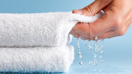 A close-up image showing a hand squeezing water from freshly washed white towels stacked neatly. The soft towels on a clean blue background evoke a sense of freshness and relaxation suitable for spa or bathroom settings.の素材
