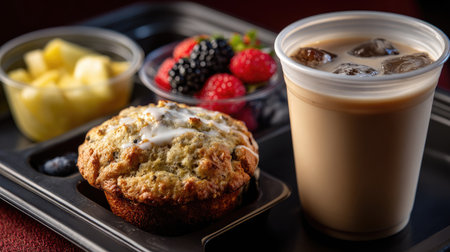 A delightful breakfast scene featuring a freshly baked muffin surrounded by mixed berries, sliced pineapple, and a refreshing iced coffee. Perfect for morning enjoyment!の素材