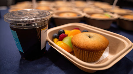 A delightful snack tray showcasing a freshly baked muffin, vibrant fruit salad, and a refreshing beverage, perfect for gatherings and events.の素材
