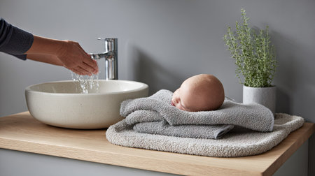 A serene scene depicting a gentle baby bathing moment. Soft towels cradle an infant, while a hand turns on the water at a modern sink, evoking feelings of care and tenderness.の素材
