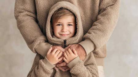 A heartwarming scene capturing a father and son in matching beige fleece hoodies, sharing a sweet moment of joy and affection indoors.の素材