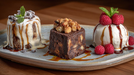 A delightful dessert platter featuring a rich chocolate brownie, creamy ice cream, and fresh raspberries, perfect for sweet lovers and special occasions.の素材