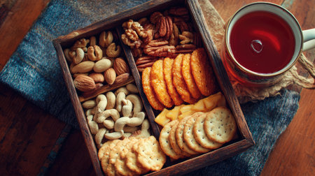 A charming wooden box filled with an assortment of nuts, crackers, and cheese accompanied by a cup of tea, perfect for a cozy snack moment.の素材