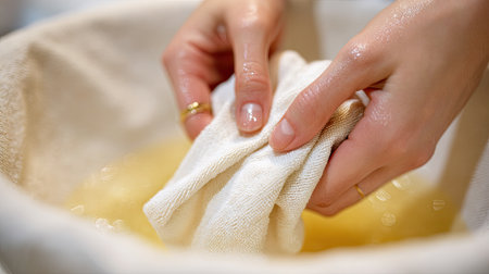 A close-up view of hands gently squeezing a cloth over a bowl of golden liquid in a bright kitchen. The image captures the essence of domestic tasks and caring for materials.の素材
