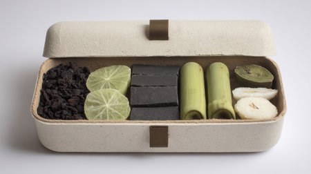 A beautifully arranged healthy snack box featuring a mix of vibrant ingredients including black snacks, green bamboo, refreshing lime, and banana, perfect for mindful eating.の素材