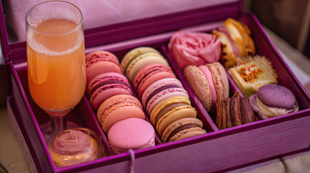 A beautifully arranged selection of macarons in various flavors alongside an elegant drink, perfect for celebrations or special occasions.の素材