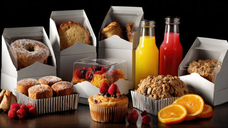 A beautiful display of assorted baked goods and colorful beverages showcases delicious options for breakfast or snack time, perfect for any gathering or occasion.の素材
