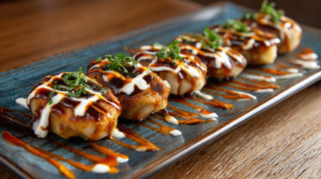 A beautifully arranged plate displaying crispy cakes drizzled with sauce, complemented by fresh herbs, perfect for any culinary photography collection.の素材