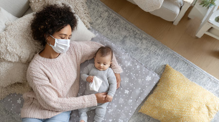 A serene moment capturing a mother wearing a protective mask as she lovingly cuddles her baby on a soft rug, embodying warmth and affection in a cozy indoor setting.の素材