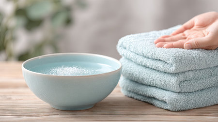 A serene spa setup featuring a light blue bowl filled with water, soft towels stacked neatly, and a gentle hand gesture inviting relaxation and self-care.の素材