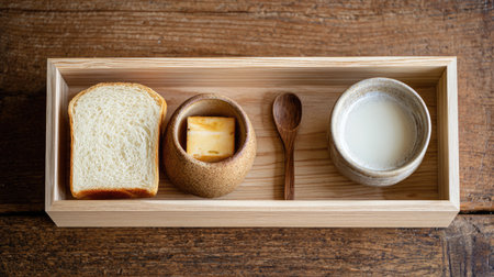A beautifully arranged wooden tray features soft bread, creamy butter, a delicate spoon, and fresh milk, capturing a minimalist breakfast scene in soft natural light.の素材