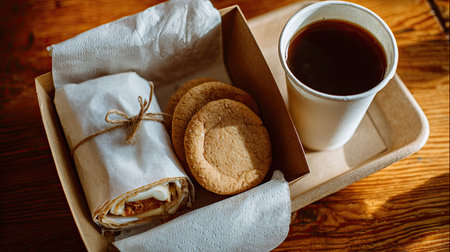 A serene breakfast scene featuring a steaming cup of coffee, a tasty wrap, and two cookies, all presented on a wooden table. Perfect for cozy mornings.の素材