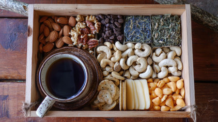 A captivating rustic wooden tray filled with a variety of nuts, herbal tea, and a coffee cup, perfect for creating a cozy atmosphere during snack time.の素材