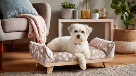 A charming scene of a cute white dog lounging comfortably on a stylish modern dog bed in a cozy living room setting, showcasing comfort and relaxation.の素材
