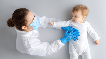 A healthcare professional wearing a mask and gloves examines a baby in a sterile clinical setting, symbolizing care, safety, and infant health.の素材