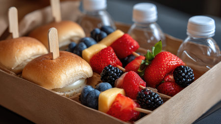 A vibrant display of assorted fruit skewers featuring strawberries, blueberries, and blackberries paired with mini sandwiches and bottled water, perfect for events.の素材