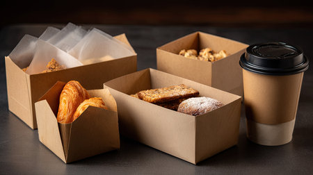 An inviting arrangement of assorted pastries and a coffee cup in eco-friendly packaging, perfect for a delightful breakfast or snack moment.の素材