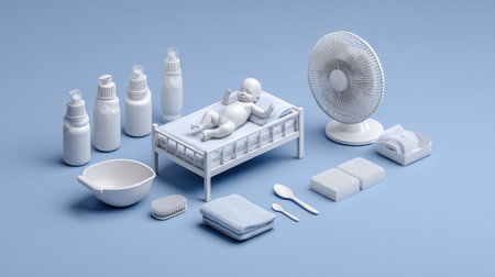 This image showcases a minimalistic arrangement of baby care essentials, including bottles, bedding, and soothing items, set against a soft blue background.の素材