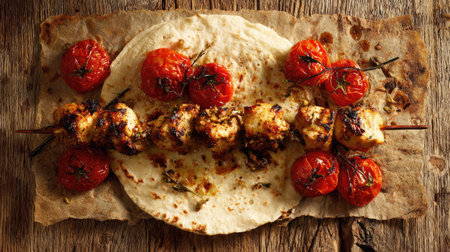 A mouthwatering display of grilled chicken skewers paired with juicy charred tomatoes, served on fresh flatbread against a rustic wooden background.の素材