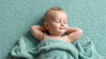 A serene and adorable baby peacefully sleeping on a soft teal blanket, with a joyful expression and arms resting behind the head, radiating tranquility.の素材