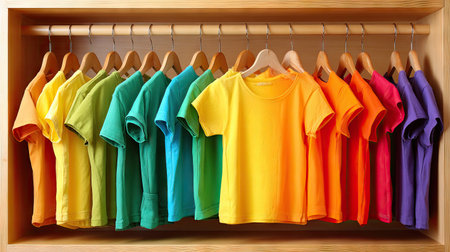 A vibrant arrangement of colorful t-shirts neatly hanging on wooden hangers in a display rack, offering a cheerful and organized view of casual fashion.の素材