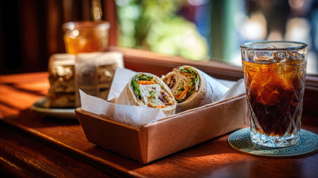 A vibrant wrap sandwich filled with fresh ingredients alongside a refreshing iced beverage, set on a rustic wooden table, perfect for dining enjoyment.の素材