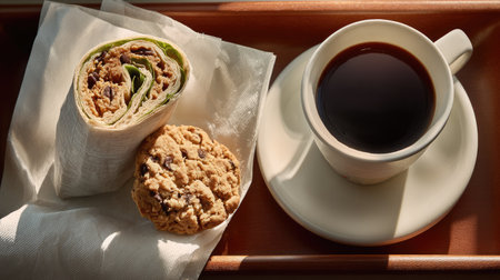 Enjoy a delightful meal featuring a fresh wrap with crisp ingredients and a chocolate chip cookie, perfectly paired with hot coffee on a wooden tray.の素材