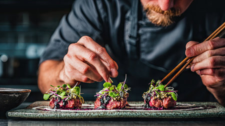 A skilled chef focuses intently while plating a gourmet dish, artistry evident in the vibrant greens, delicate sauce, and meticulous presentation.の素材