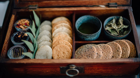 A rustic wooden box beautifully arranged with assorted snacks, herbs, and tea, perfect for a serene culinary experience at home or gatherings.の素材