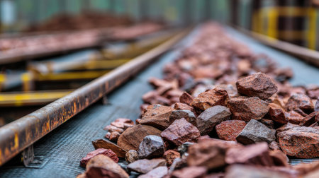 This image showcases a detailed view of red rocks on a conveyor belt in an industrial mining environment, emphasizing texture and raw materials.の素材
