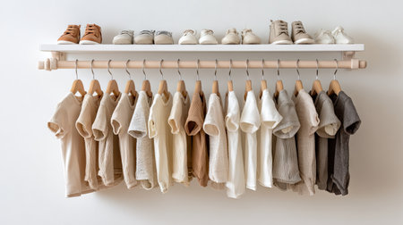 A beautifully arranged display of stylish baby clothes and shoes on a wooden rack, showcasing neutral tones that enhance any modern nursery decor. This image features a variety of cozy textiles and soft colors, perfect for newborns and toddlers.の素材