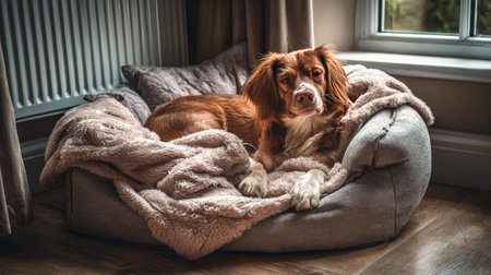 A charming dog reclines comfortably in a plush bed surrounded by soft blankets, capturing a serene and cozy atmosphere in a warm interior space.の素材
