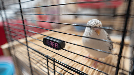 This image features a close-up view of a charming budgerigar inside a cage, showcasing a digital thermometer that adds an element of care and attention for pet owners.の素材
