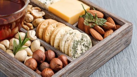 A beautifully arranged wooden tray featuring an assortment of gourmet cheese, delightful crackers, and a variety of nuts, accompanied by herbal tea, perfect for snacking.の素材