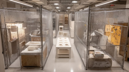 The image showcases a modern storage facility featuring chain link fencing that ensures organized management of inventory. Bright lighting and clean aesthetics enhance the workspace efficiency.の素材