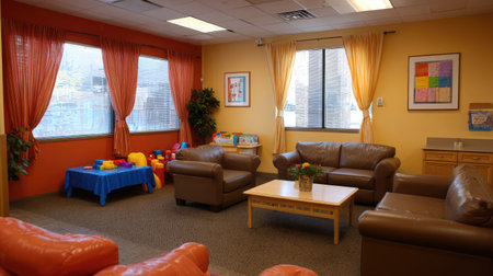 This cozy child care room features comfortable seating and colorful decor. Ideal for play and learning, the inviting atmosphere promotes interaction and creativity.の素材