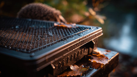 A serene close-up of a hedgehog resting on a wet surface, surrounded by autumn leaves, capturing the essence of wildlife in the rain.の素材