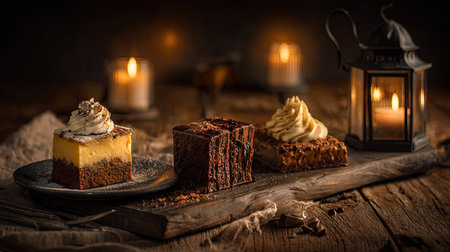 A beautifully styled arrangement of dessert treats including cake and brownie, set against a dark background with flickering candles, creating a warm atmosphere.の素材