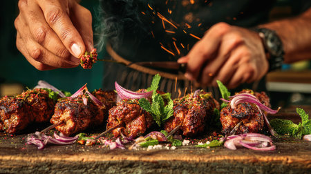 A chef skillfully prepares mouthwatering meat skewers on a rustic table, showcasing vibrant onions and aromatic herbs, highlighting grilling techniques.の素材