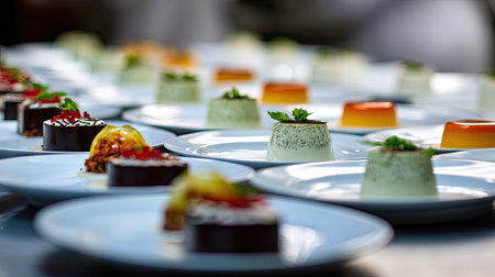 An elegant display of assorted gourmet desserts plated meticulously, showcasing vibrant colors and creative designs, perfect for any fine dining event.の素材