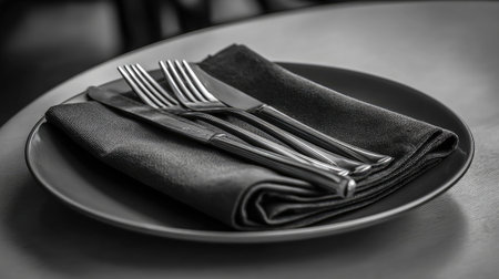 A monochrome image of a stylish dining setup featuring forks and neatly folded napkins on a plate, perfect for showcasing culinary art and restaurant aesthetics.の素材