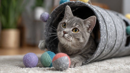 A charming gray cat peeks out from a cozy tunnel surrounded by colorful felt balls, embodying playfulness and relaxation in a warm home setting.の素材
