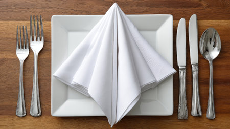 Stylish dining table arrangement featuring a neatly folded white napkin atop a pristine plate, surrounded by elegant silver cutlery on a wooden surface.の素材