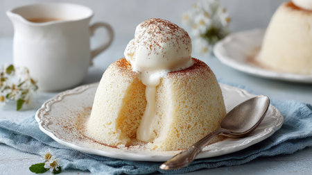 A delectable dessert featuring a soft vanilla cake with a luscious melted center, served with a scoop of cream and dusted with cocoa powder, ideal for tea.の素材