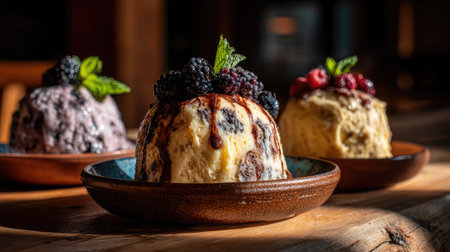 Three beautifully presented scoops of ice cream in bowls, adorned with fresh berries and sprigs of mint, evoke a warm and inviting feeling perfect for summer gatherings.の素材