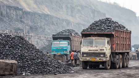 This image captures an industrial mining scene with trucks loaded with coal. Workers navigate the site, highlighting the extraction and transportation process.の素材