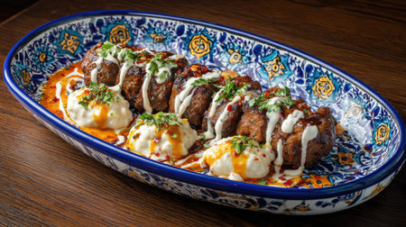 A beautifully arranged platter of meatballs drizzled with creamy sauce, garnished with fresh herbs, showcasing vibrant colors and textures.の素材
